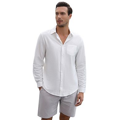 Men's Cotton Linen Sets 2 Piece Long Sleeve beach outfits Button Down Shirts and Shorts