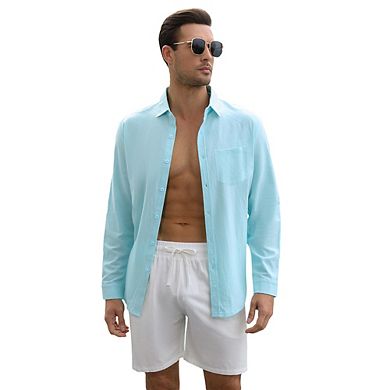 Men's Cotton Linen Sets 2 Piece Long Sleeve beach outfits Button Down Shirts and Shorts