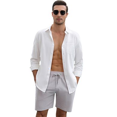 Men's Cotton Linen Sets 2 Piece Long Sleeve beach outfits Button Down Shirts and Shorts