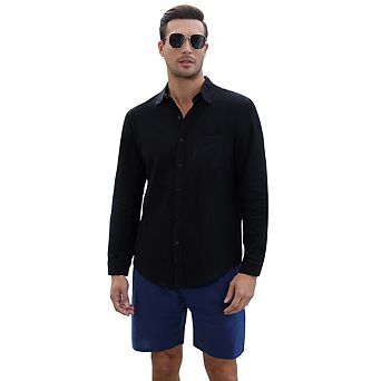 Men's Cotton Linen Sets 2 pc Long Sleeve beach outfits Button Down Shirts and Shorts