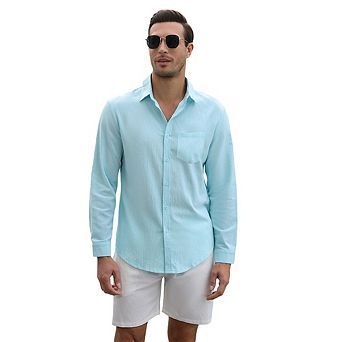 Men's Cotton Linen Sets 2 pc Long Sleeve beach outfits Button Down Shirts and Shorts