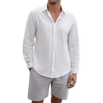 Men's Cotton Linen Sets 2 pc Long Sleeve beach outfits Button Down Shirts and Shorts