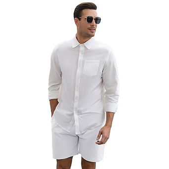 Men's Cotton Linen Sets 2 pc Long Sleeve beach outfits Button Down Shirts and Shorts