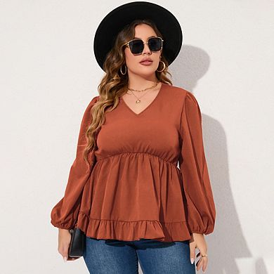 Women's Plus Size Blouses V Neck Babydoll Tunic Long Sleeve Chiffon Casual Tops Ruffle Shirts