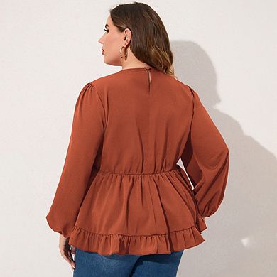 Women's Plus Size Blouses V Neck Babydoll Tunic Long Sleeve Chiffon Casual Tops Ruffle Shirts