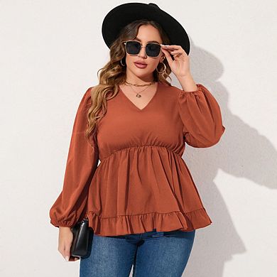 Women's Plus Size Blouses V Neck Babydoll Tunic Long Sleeve Chiffon Casual Tops Ruffle Shirts