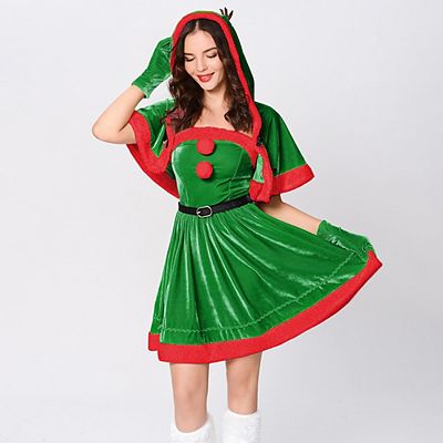 Mrs Claus Costume For Women Santa Christmas Velvet Dress Outfit With Belt Shawl Gloves Headband