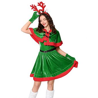 Mrs Claus Costume For Women Santa Christmas Velvet Dress Outfit With Belt Shawl Gloves Headband