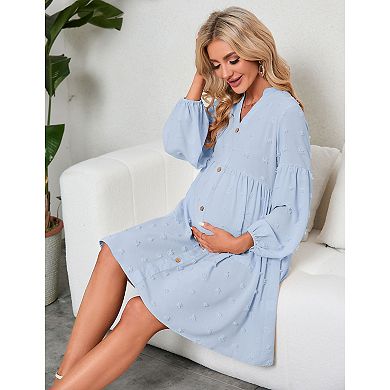 Women's Maternity Swiss Dot Dress V Neck Long Sleeve Button Down Mini Dress with Pockets