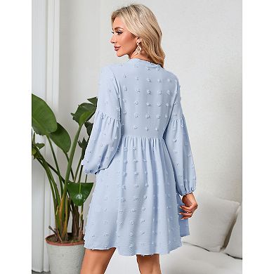 Women's Maternity Swiss Dot Dress V Neck Long Sleeve Button Down Mini Dress with Pockets