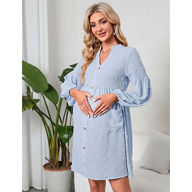 Women's Maternity Swiss Dot Dress V Neck Long Sleeve Button Down Mini Dress with Pockets