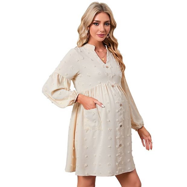 Women's Maternity Swiss Dot Dress V Neck Long Sleeve Button Down