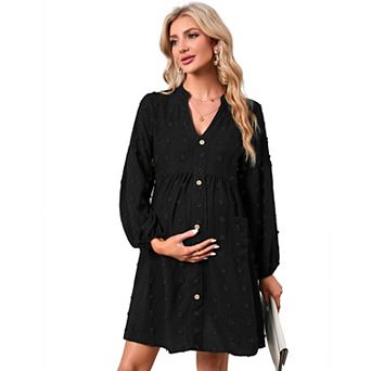 Women's Maternity Swiss Dot Dress V Neck Long Sleeve Button Down Mini Dress with Pockets