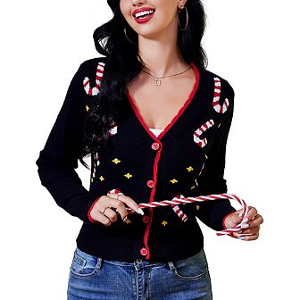 Women's Cropped Cardigan Ugly Christmas Sweater Open Front Embroidery Knit Button Down Cardigans
