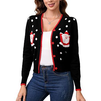 Women's Cropped Cardigan Ugly Christmas Sweater Open Front Embroidery Knit Button Down Cardigans