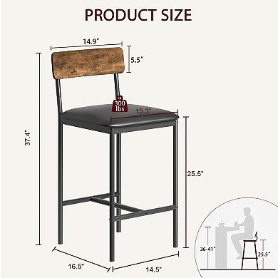 Bar Stools Set of 2, Upholstered Bar Chairs with Back, 25.5 Inches Kitchen Bar Stools