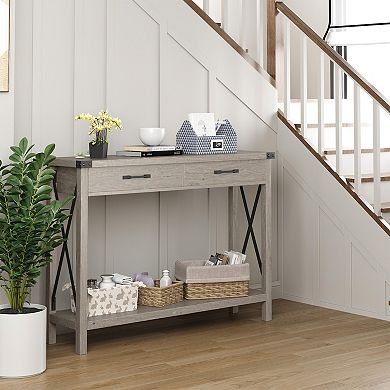Console Table with 2 Drawers, Farmhouse Entryway Table with Storage Shelf