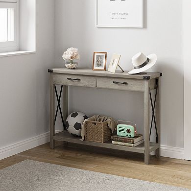 Console Table with 2 Drawers, Farmhouse Entryway Table with Storage Shelf