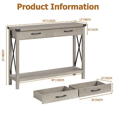 Console Table with 2 Drawers, Farmhouse Entryway Table with Storage Shelf