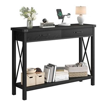 Console Table with 2 Drawers, Farmhouse Entryway Table with Storage Shelf