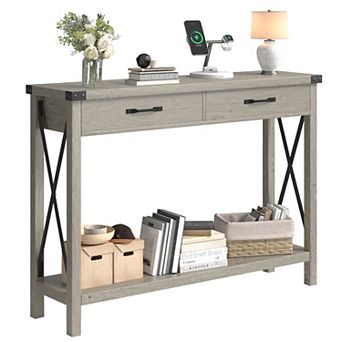 Console Table with 2 Drawers, Farmhouse Entryway Table with Storage Shelf