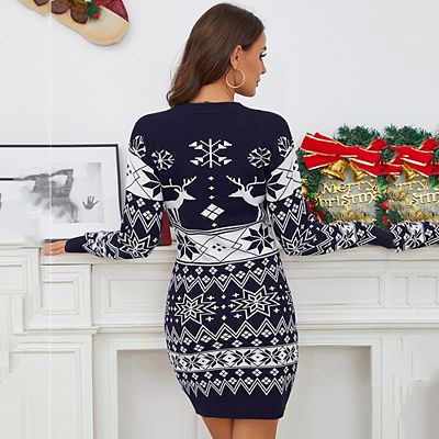 Women Ugly Christmas Sweater Dress Printed Long Sleeve Knit Mini Dress Xmas Tunic Dress