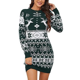 Women Ugly Christmas Sweater Dress Printed Long Sleeve Knit Mini Dress Xmas Tunic Dress