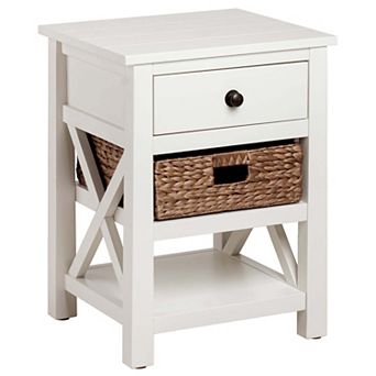 Ehemco X-side Solid End Table Nightstand With Drawer, 2 Storage Shelves And Wicker Basket