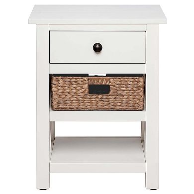 Ehemco X-side Solid End Table Nightstand With Drawer, 2 Storage Shelves And Wicker Basket