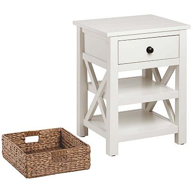 Ehemco X-side Solid End Table Nightstand With Drawer, 2 Storage Shelves And Wicker Basket