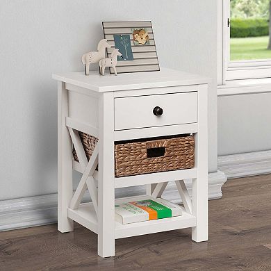 Ehemco X-side Solid End Table Nightstand With Drawer, 2 Storage Shelves And Wicker Basket