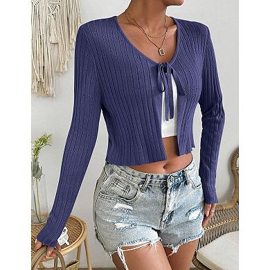Womens Lightweight Long Sleeve Cardigan Tie Front Shrugs Knit Cardigan Crop Tops