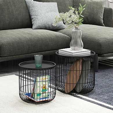 Homcom Stacking Nesting Tables, Round Coffee Table Set Of 2, Black