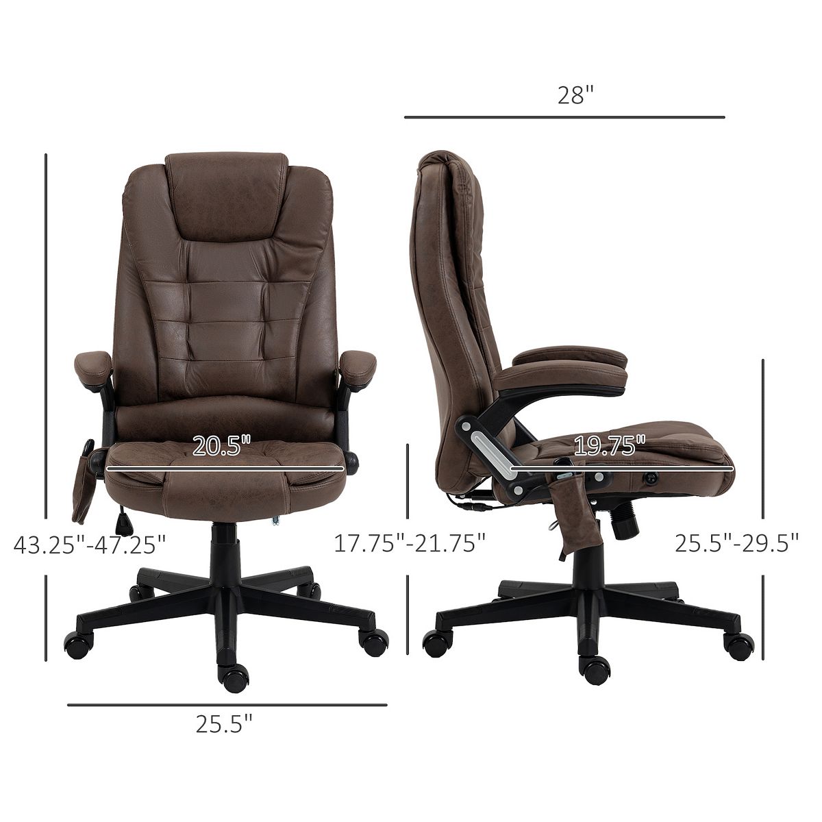 Dimensions diagram for brown 6-point vibrating massage office chair