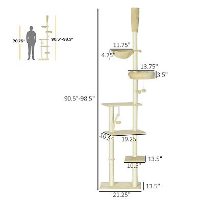 90.5" - 98.5" Floor To Ceiling Cat Tree With Hammock, Cat Climbing Tower, Beige