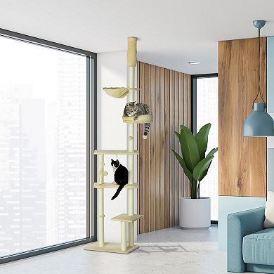 90.5" - 98.5" Floor To Ceiling Cat Tree With Hammock, Cat Climbing Tower, Beige