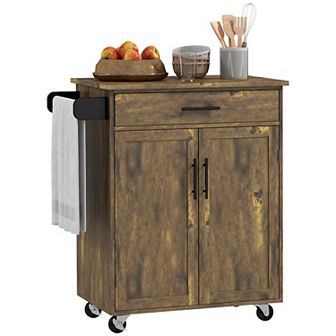 Wooden Indoor Moving Microwave Cart With Interior Cabinet & Towel Rack
