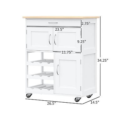 Rolling Kitchen Island Trolley Storage Cart Rubberwood Top, Drawer, Wine Rack