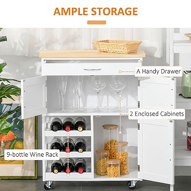 Rolling Kitchen Island Trolley Storage Cart Rubberwood Top, Drawer, Wine Rack