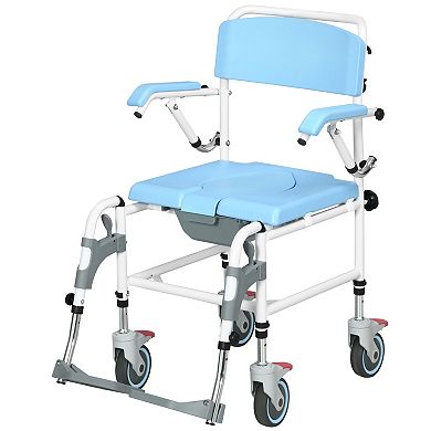 Homcom Shower Commode Wheelchair With 4 Wheels, Blue