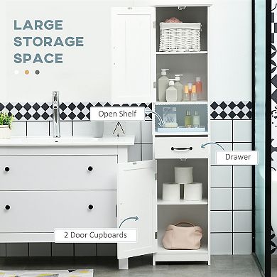 Kleankin Bathroom Storage Cabinet Linen Tower With Open Shelf Drawer White