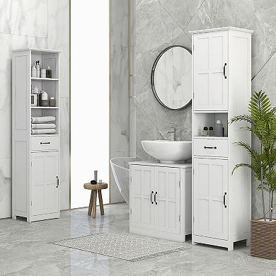 Kleankin Bathroom Storage Cabinet Linen Tower With Open Shelf Drawer White