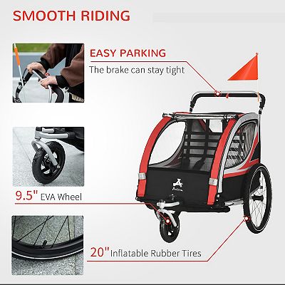 2-in-1 Child Bike Traile Baby Stroller With Brake Storage Bag Flag