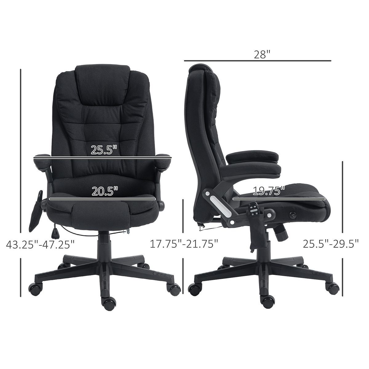 Massage office chair dimension diagram showing seat and back measurements