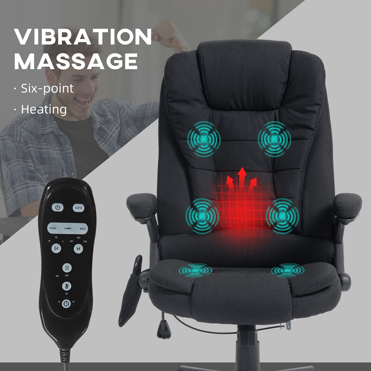 Diagram of 6-point vibrating massage and lumbar heat on black office chair
