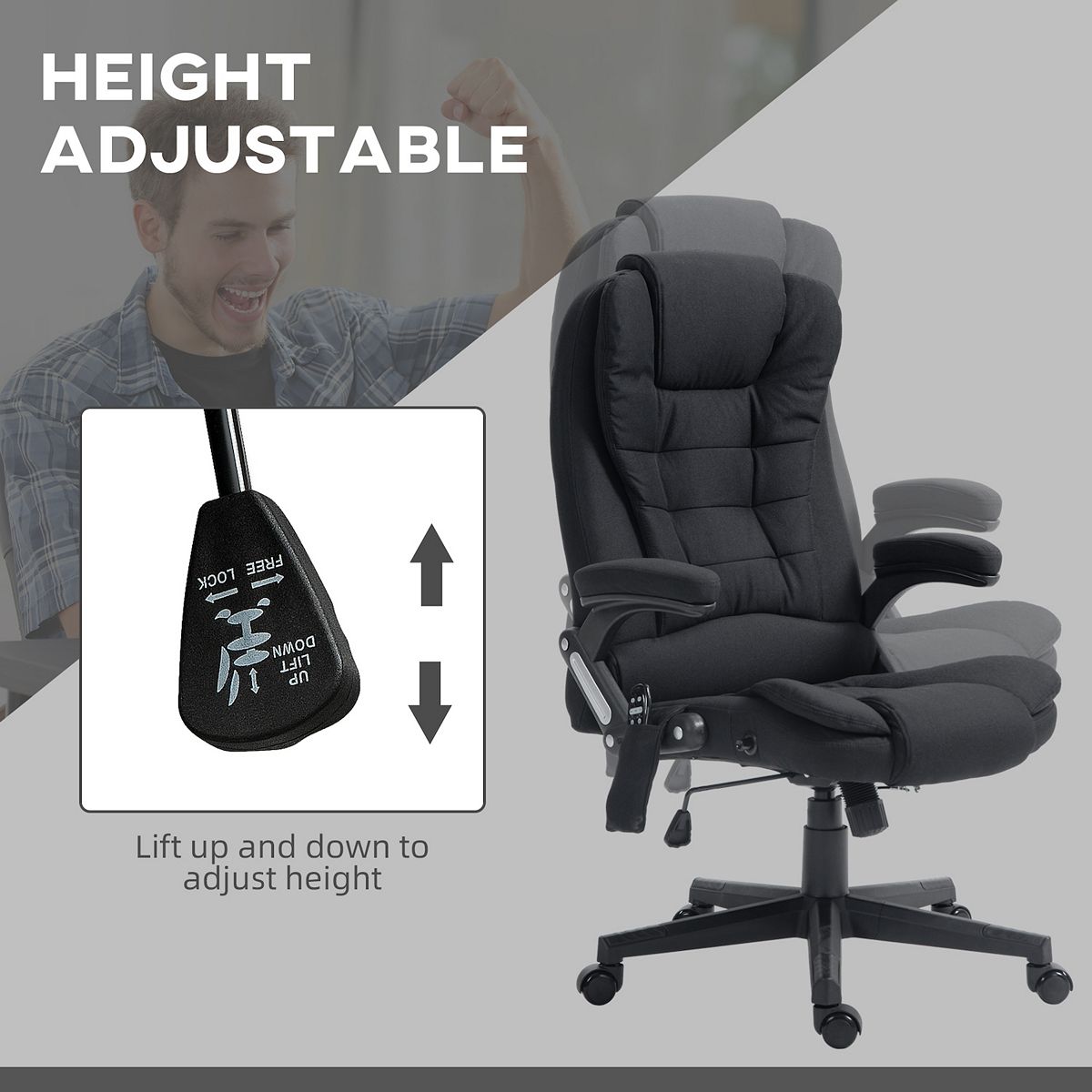 Height-adjustable black massage office chair with up/down lift diagram
