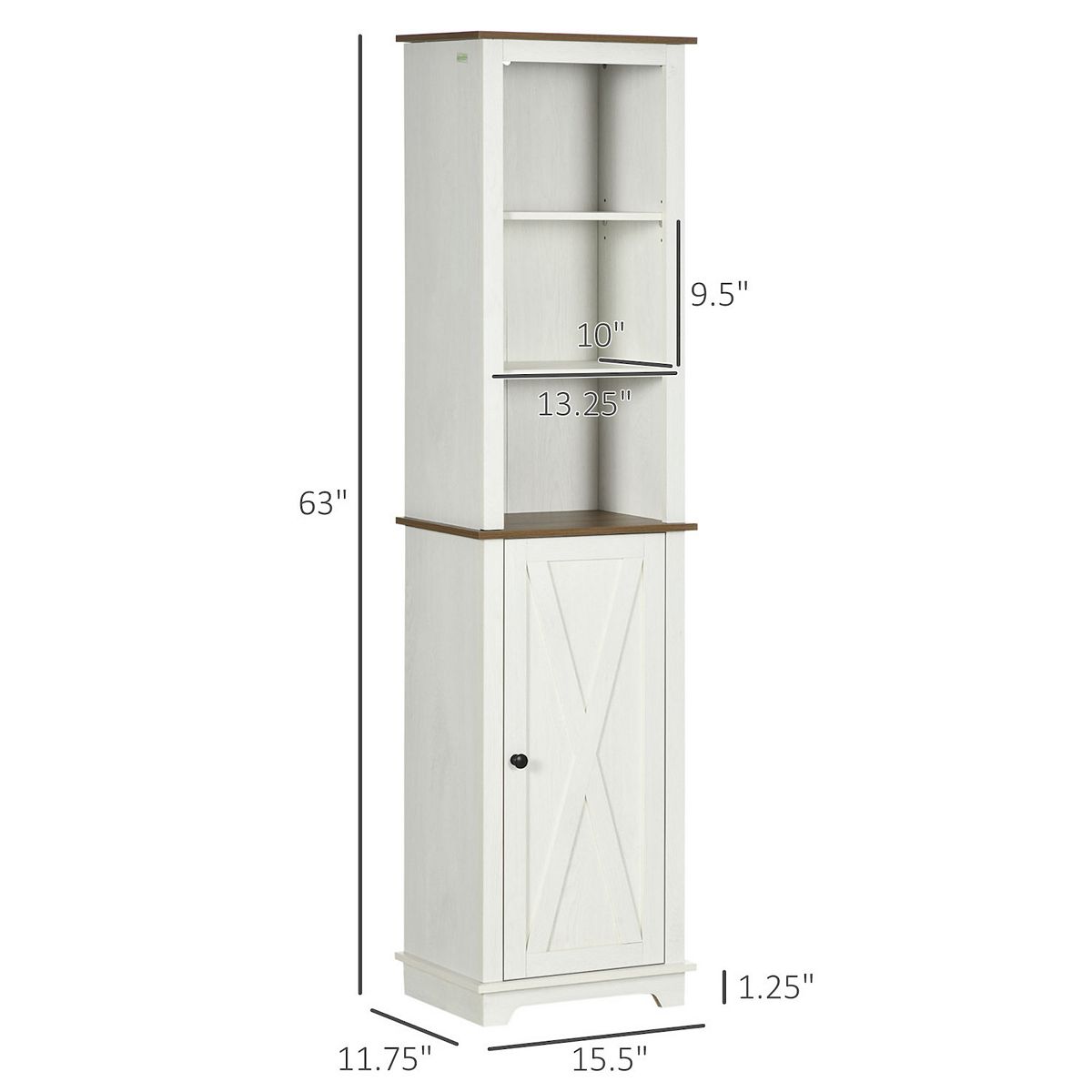Slim bathroom linen tower cabinet with measurements shown