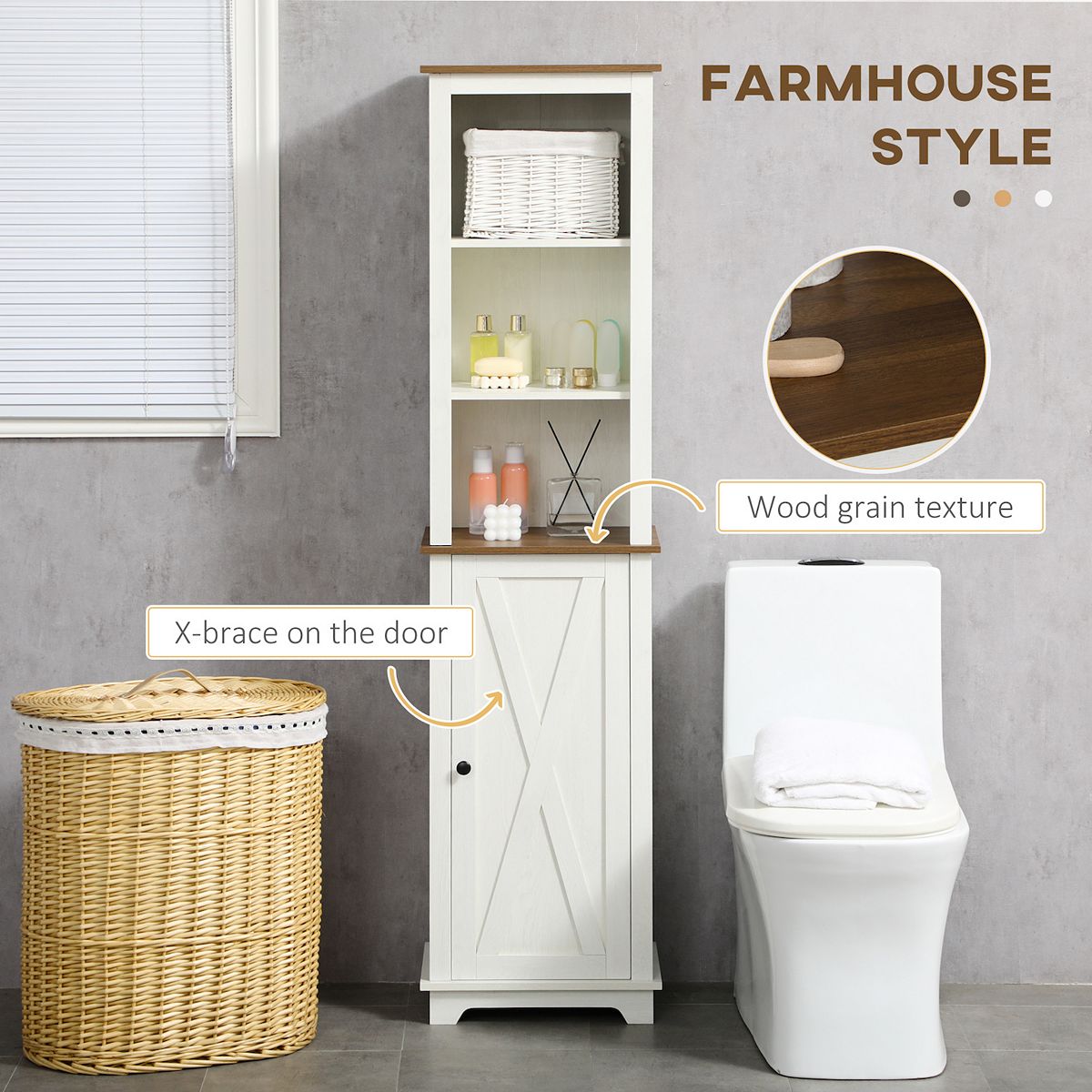 Freestanding slim linen cabinet with farmhouse style features callouts