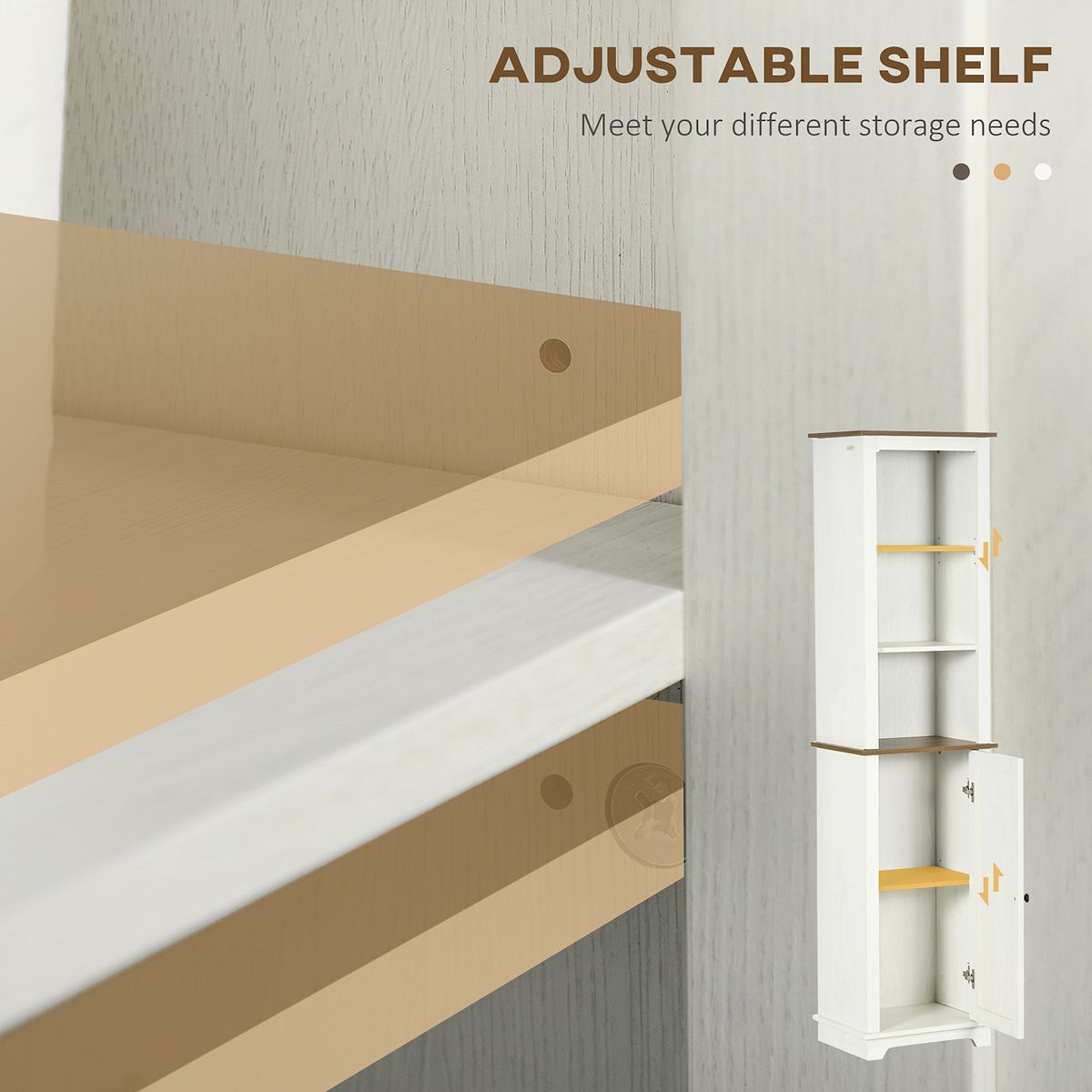 Slim bathroom linen tower cabinet with adjustable shelf feature callouts