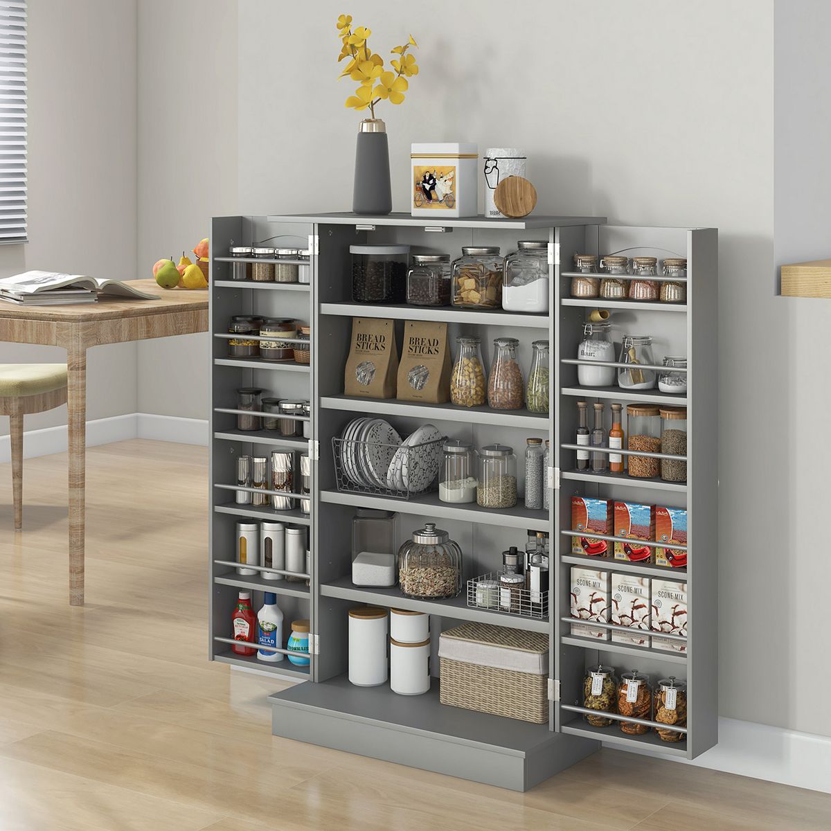Gray Homcom pantry storage cabinet with doors and spice rack shelving